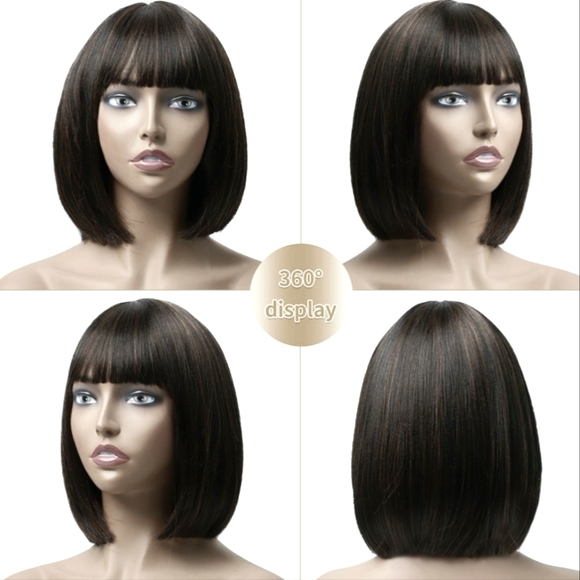 12 inch Short Bob Wig with Bangs Straight Dark Bown Hair NWOT - Picture 5 of 8
